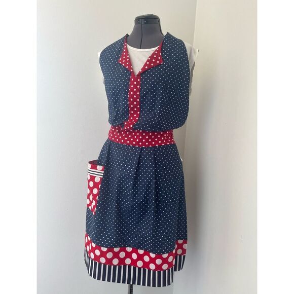 Red, White, & Blue Polkadot Apron with Pocket - Picture 10 of 10